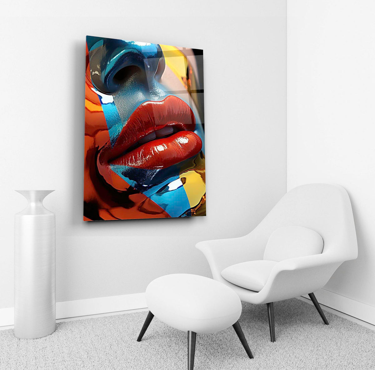Abstract pop art portrait glass wall art in a living room interior