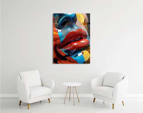 Abstract pop art portrait glass wall art in a modern interior