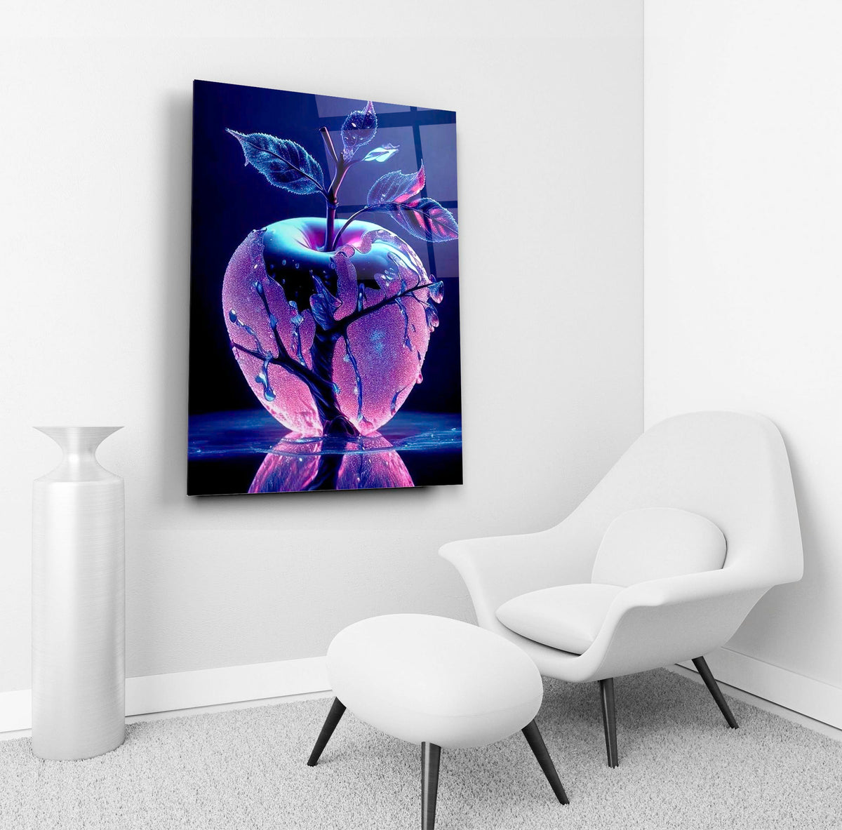 Neon crystal apple glass wall art in a living room interior