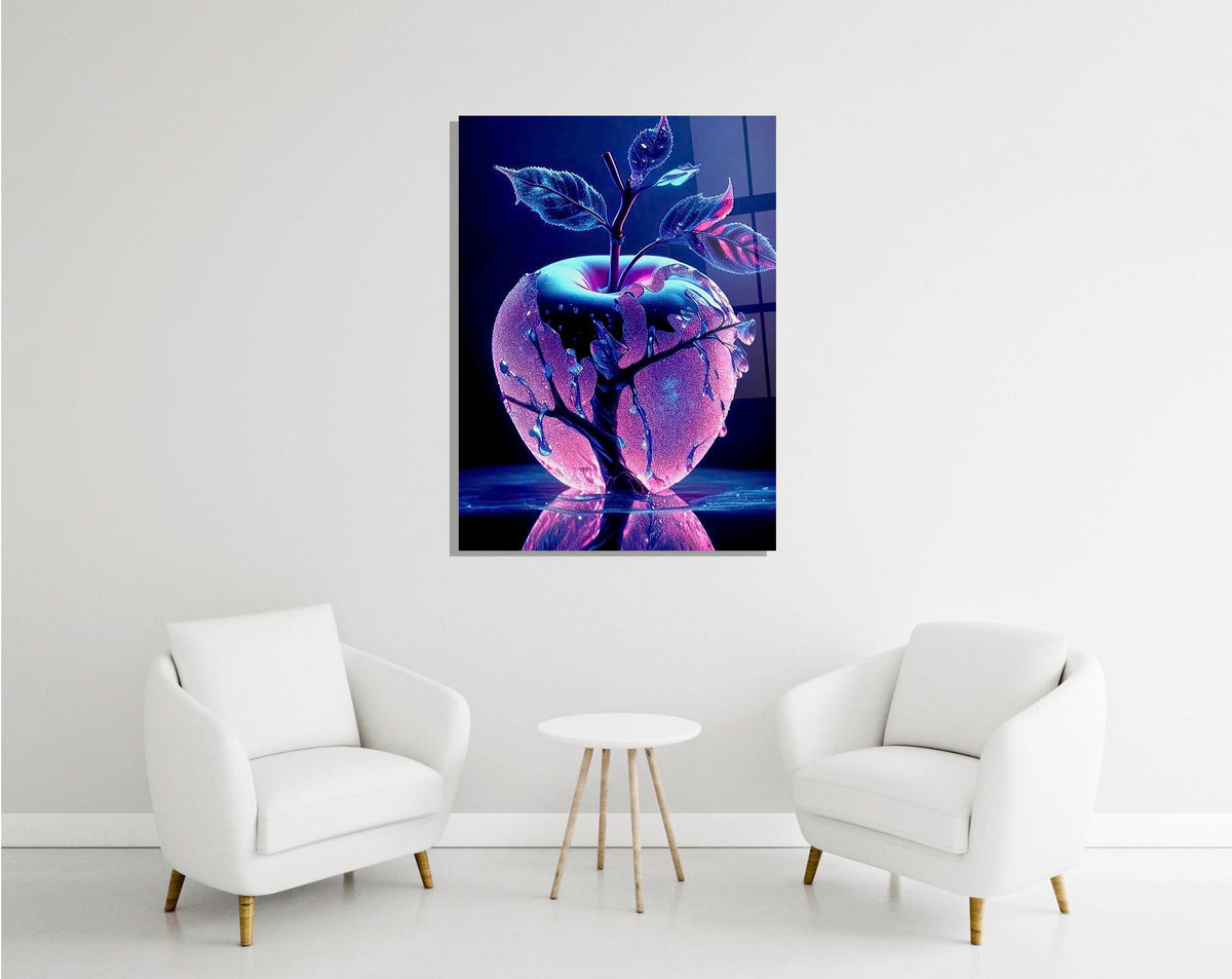 Neon crystal apple glass wall art in a modern interior