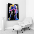 Liquid color portrait glass wall art in a living room interior