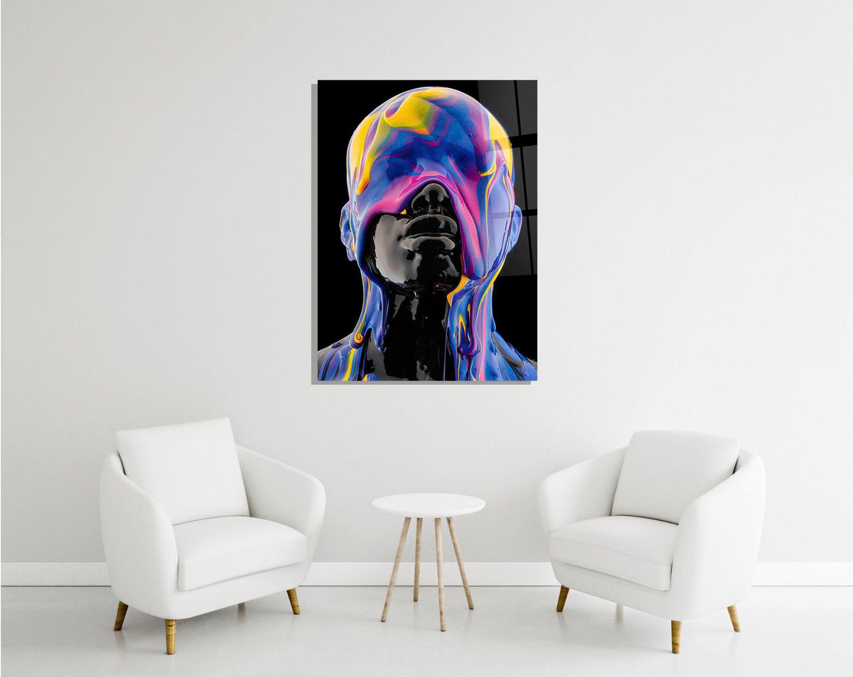 Liquid color portrait glass wall art in a modern interior