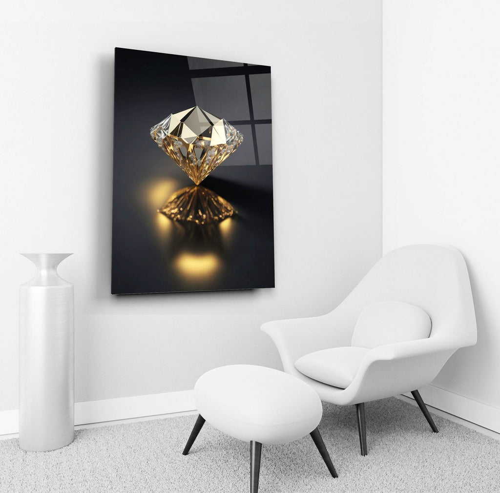 Golden Diamond on Black Glass Wall Art in a living room interior