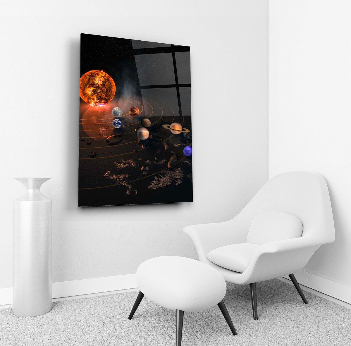 Solar System Planets Glass Wall Art in a living room interior