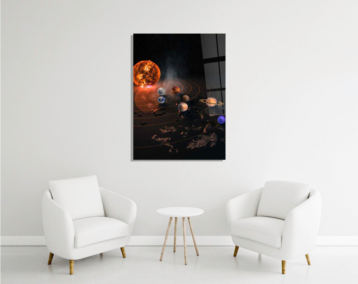 Solar System Planets Glass Wall Art in a modern interior