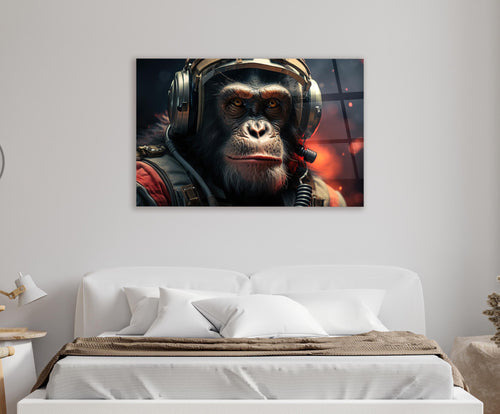 Astronaut Chimpanzee Portrait Glass Wall Art in a living room interior