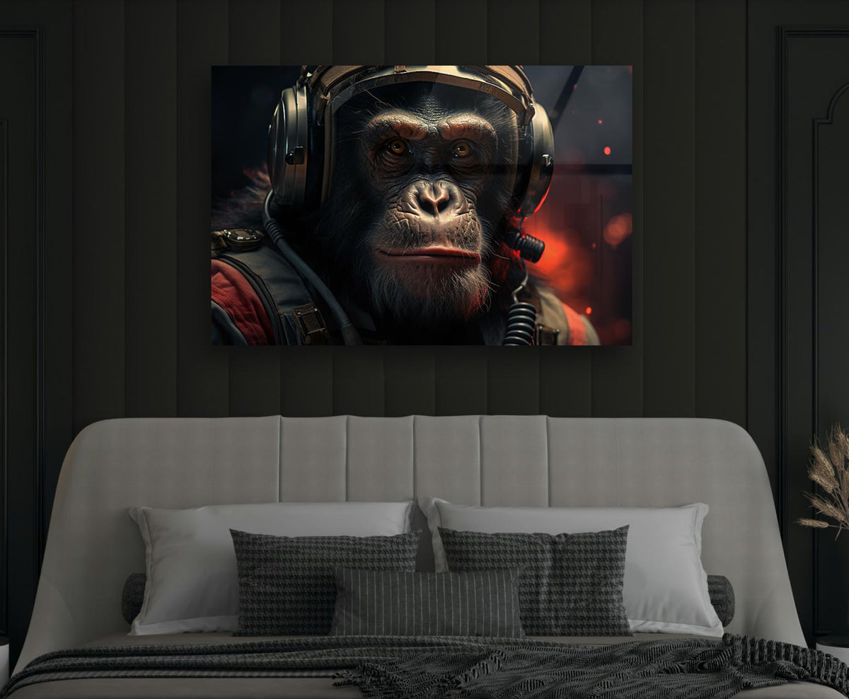 Astronaut Chimpanzee Portrait Glass Wall Art in a modern interior