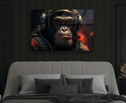 Astronaut Chimpanzee Portrait Glass Wall Art in a modern interior