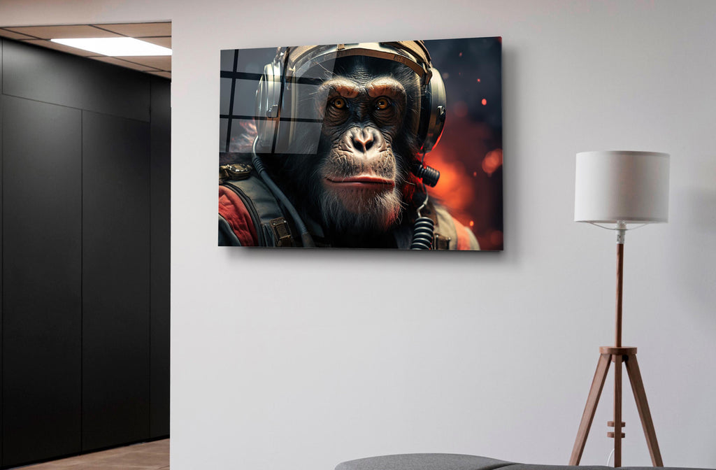 Astronaut Chimpanzee Portrait Glass Wall Art on the wall