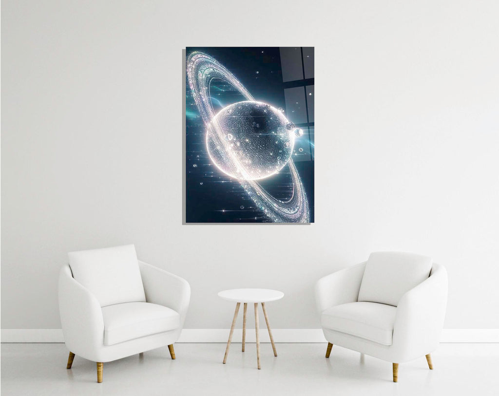 Crystal Ringed Planet Glass Wall Art in a modern interior