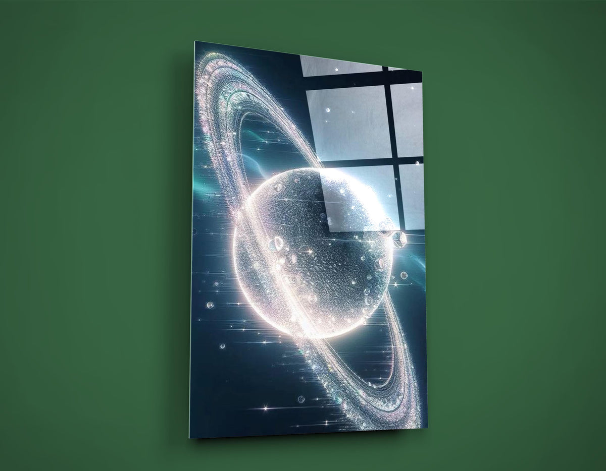 Crystal Ringed Planet Glass Wall Art on the wall