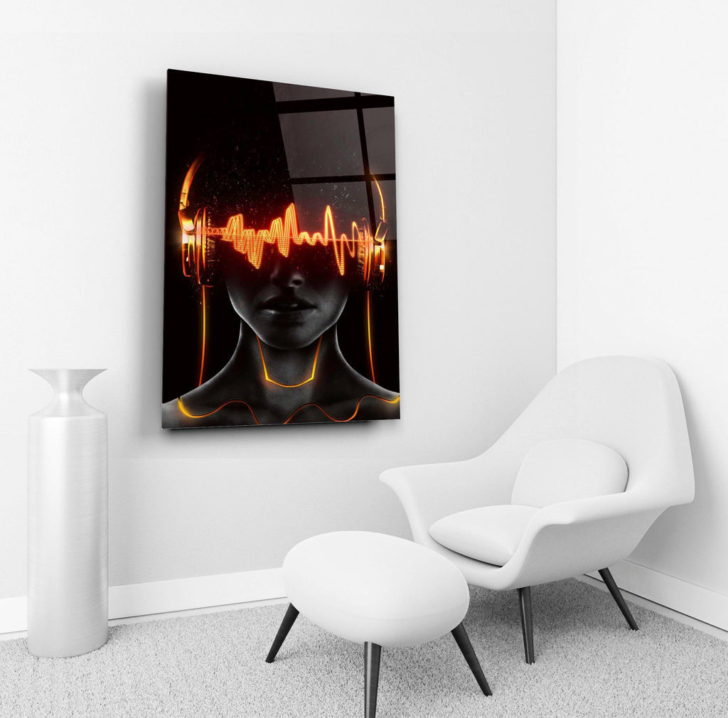 Neon Soundwave Headphones Portrait Glass Wall Art in a living room interior