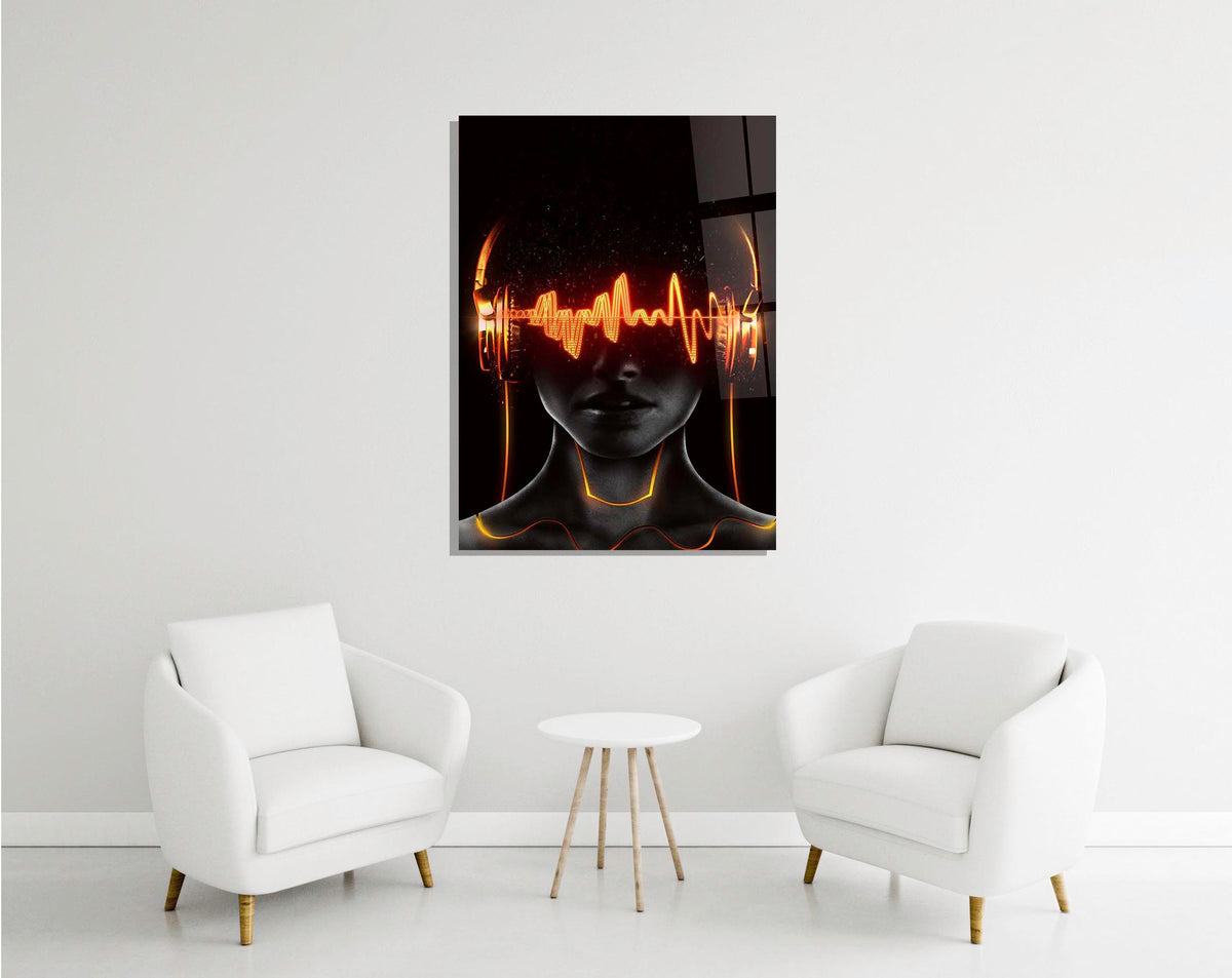 Neon Soundwave Headphones Portrait Glass Wall Art in a modern interior