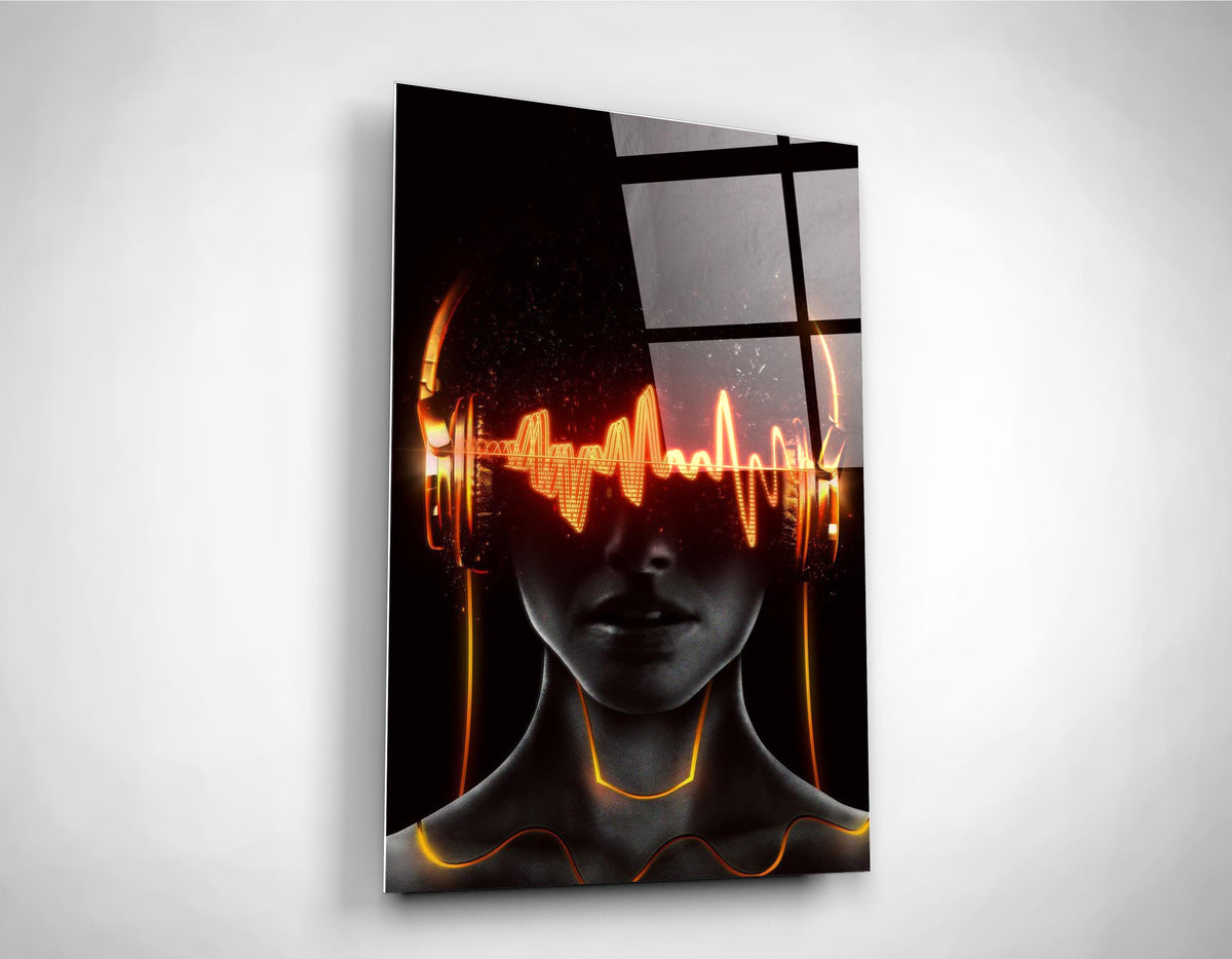 Neon Soundwave Headphones Portrait Glass Wall Art on the wall
