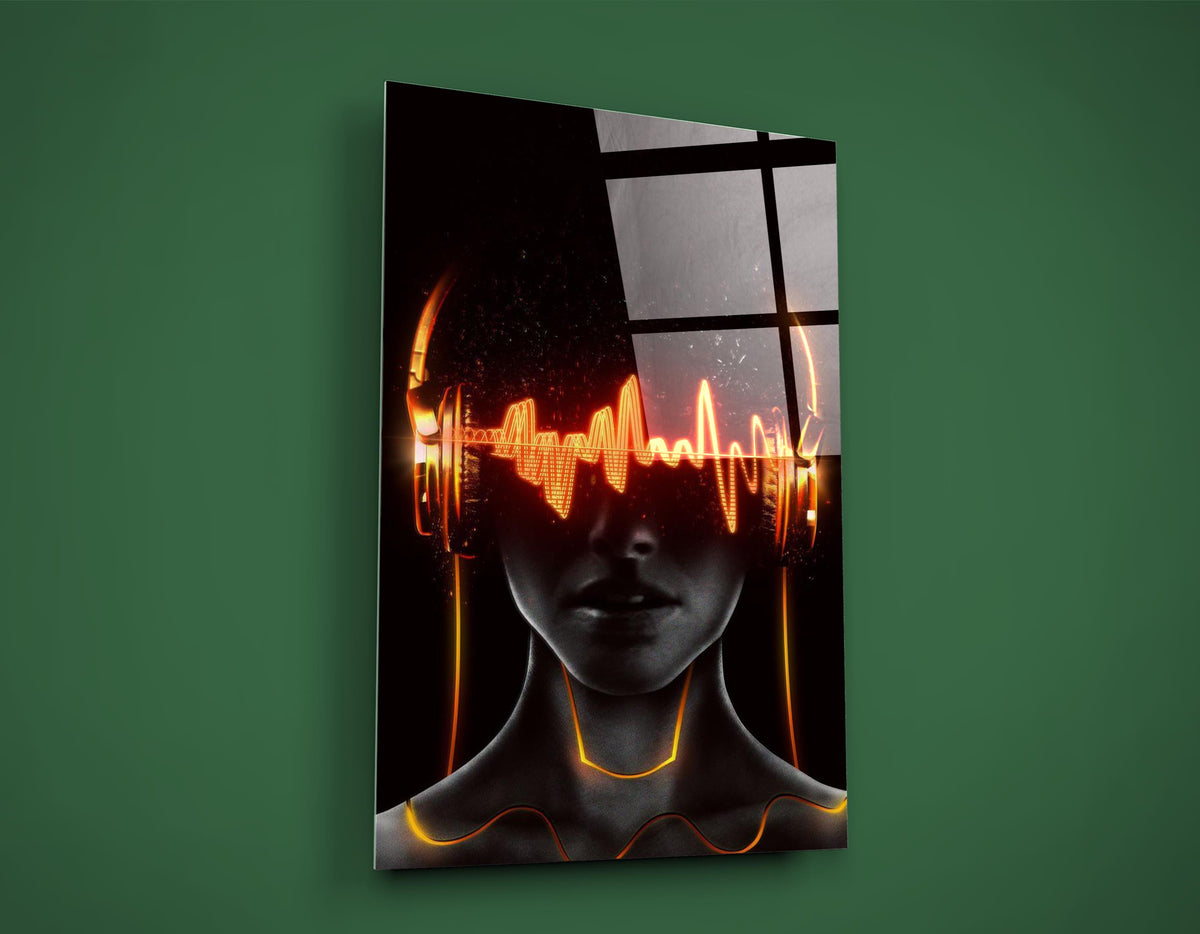 Neon Soundwave Headphones Portrait Glass Wall Art close-up