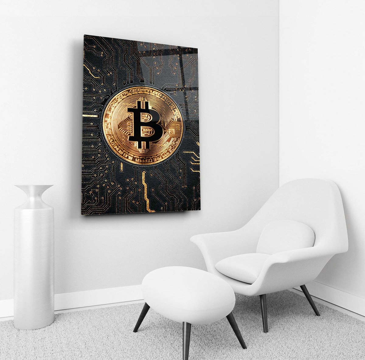 Golden Bitcoin Circuit Board Glass Wall Art in a living room interior