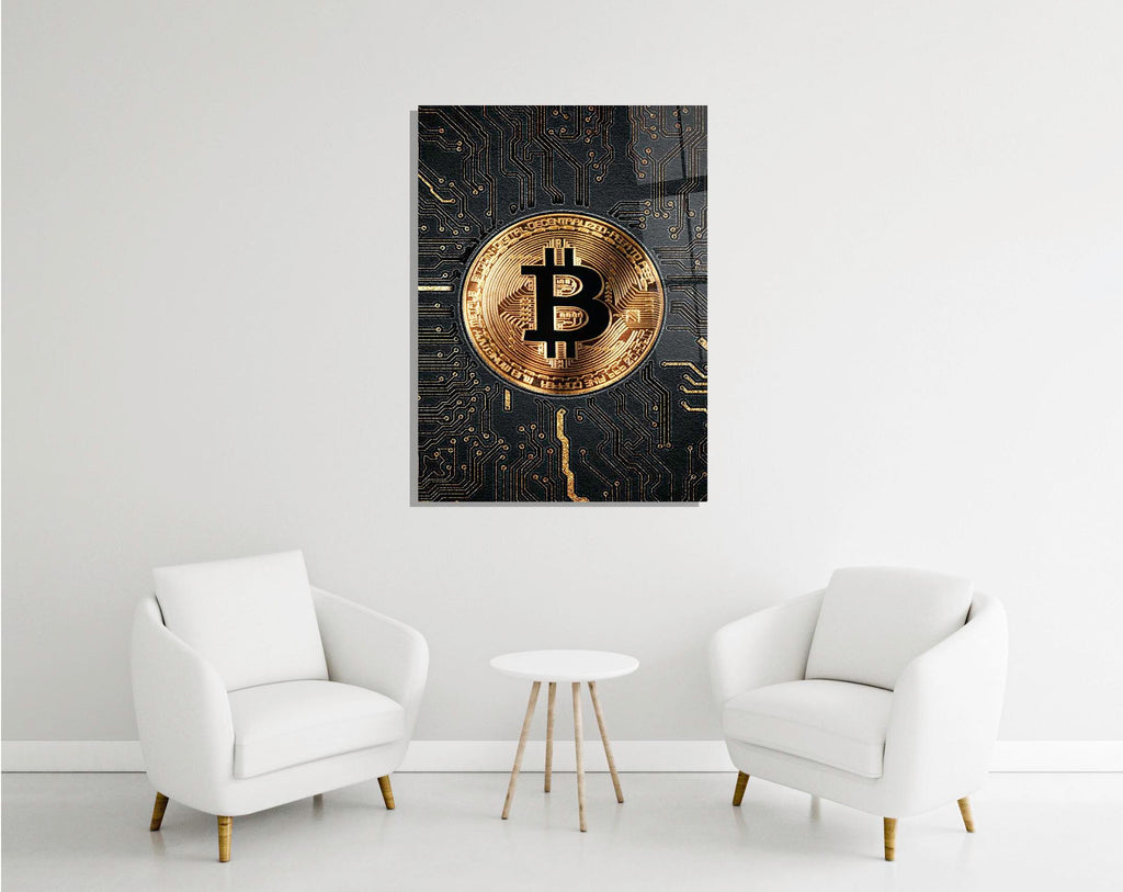 Golden Bitcoin Circuit Board Glass Wall Art in a modern interior