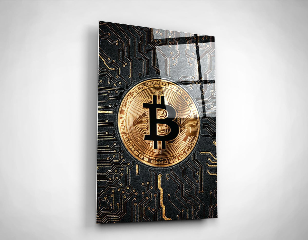 Golden Bitcoin Circuit Board Glass Wall Art on the wall