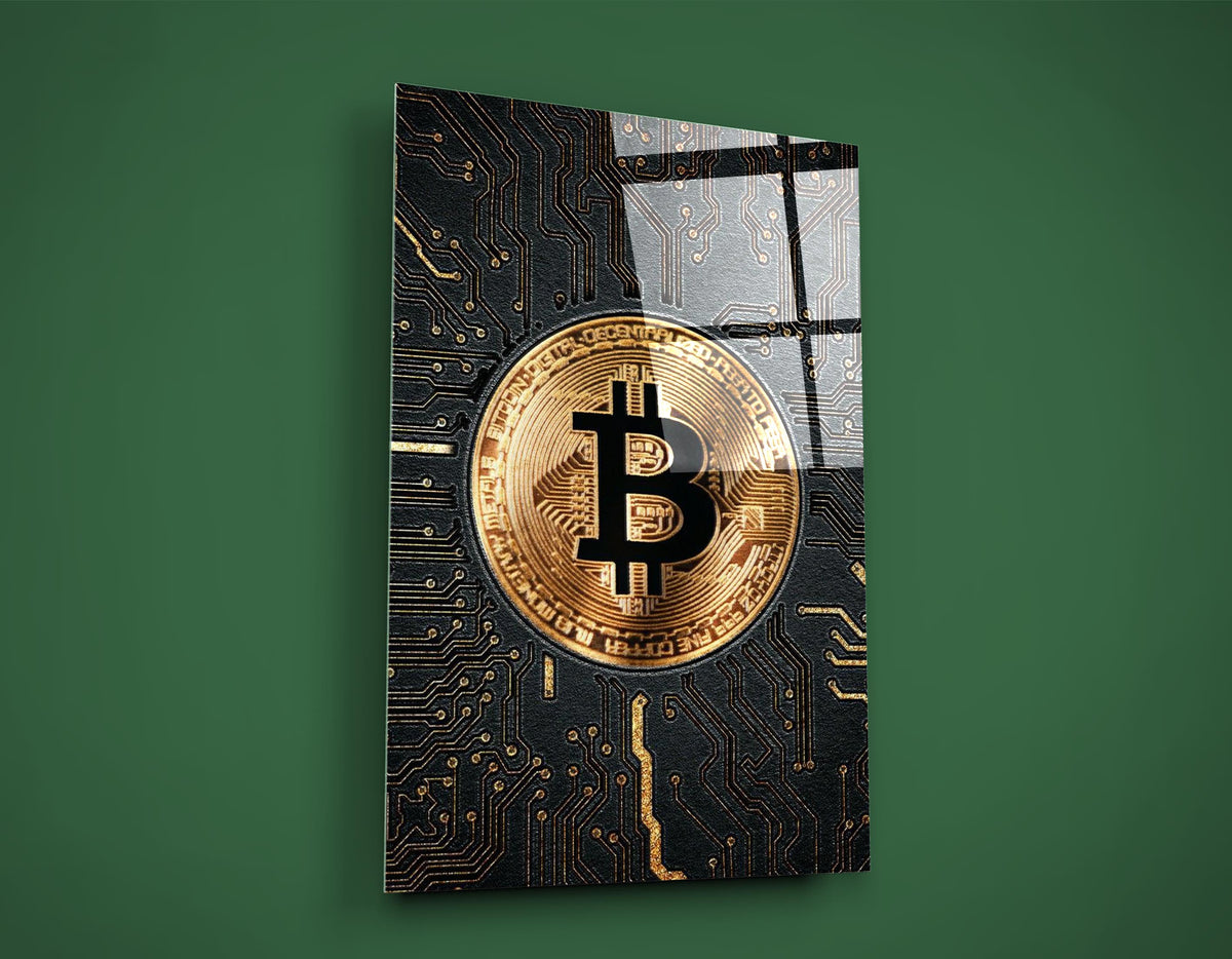Golden Bitcoin Circuit Board Glass Wall Art close-up