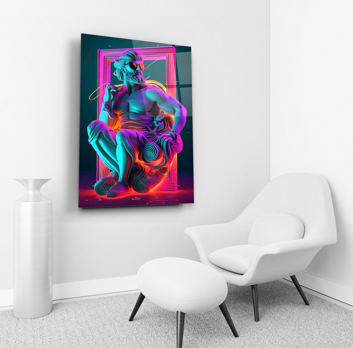 Neon Greek God Statue Glass Wall Art in a living room interior