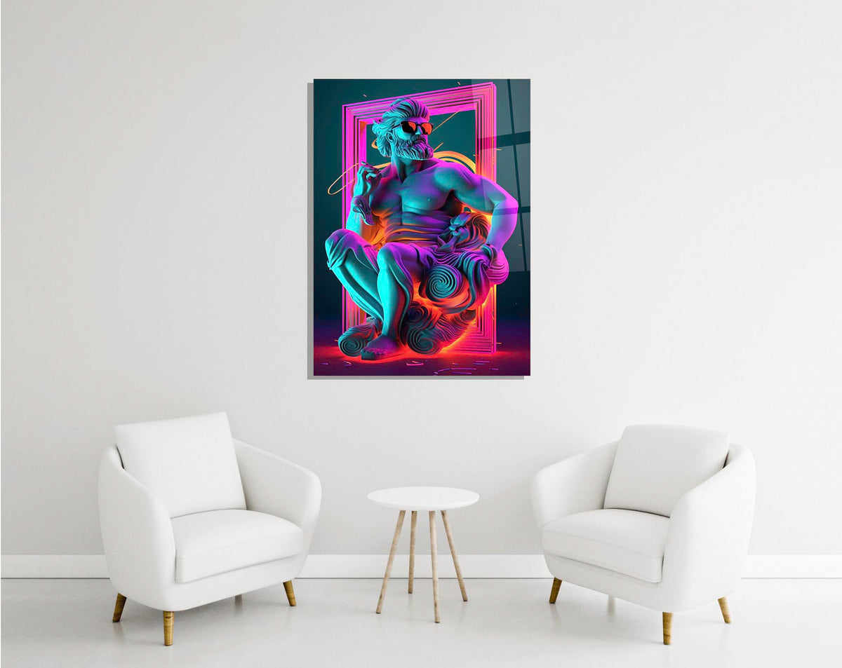 Neon Greek God Statue Glass Wall Art in a modern interior