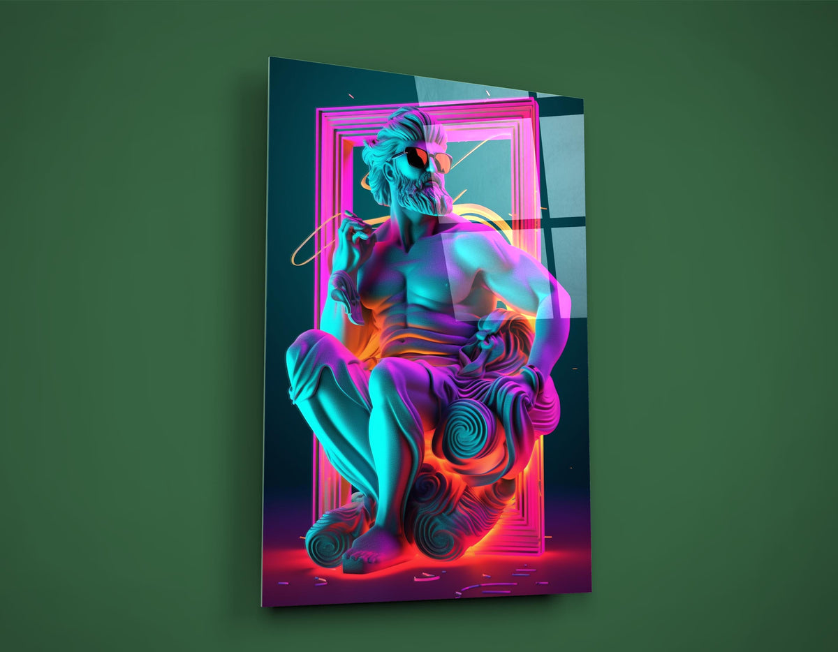 Neon Greek God Statue Glass Wall Art on the wall