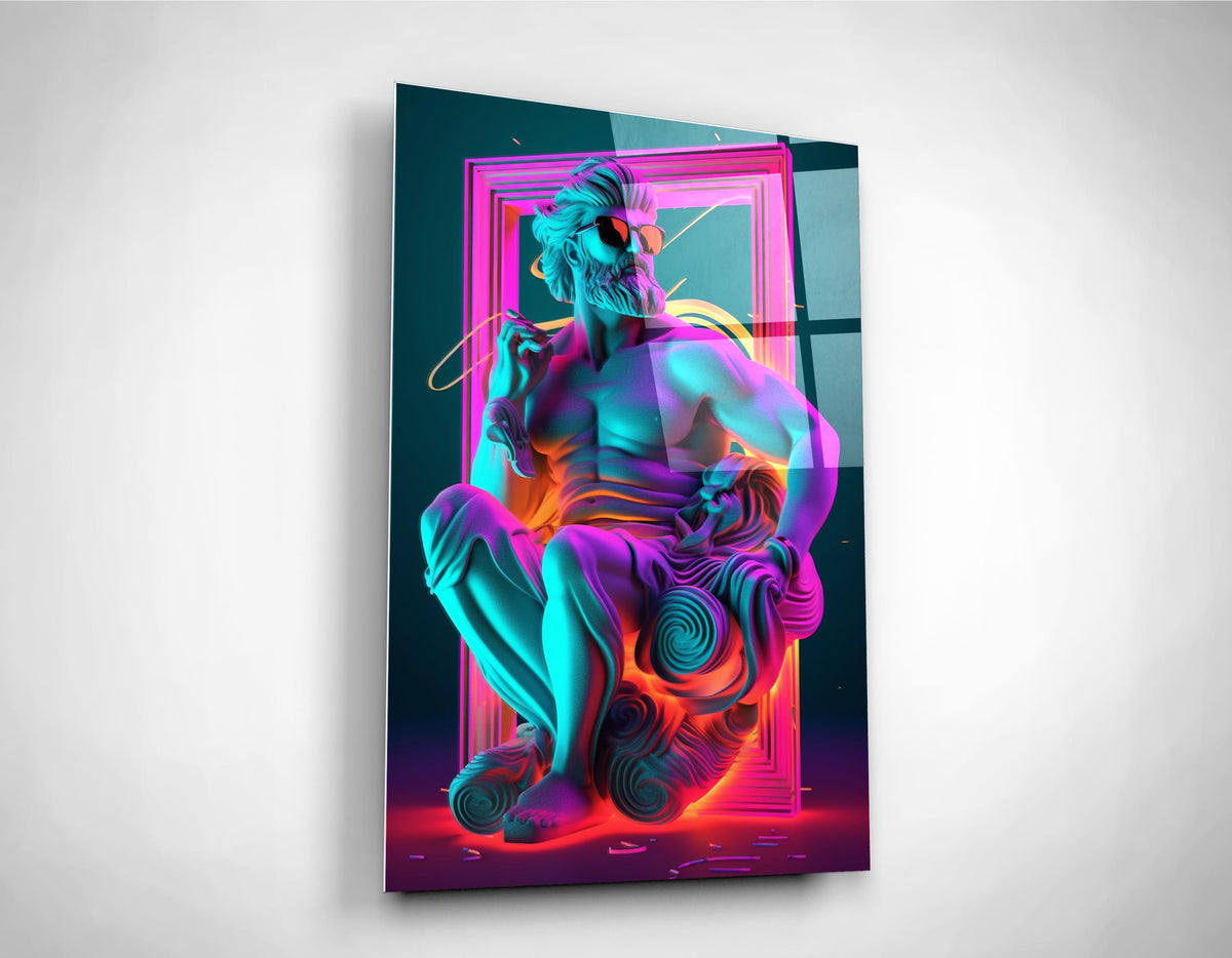 Neon Greek God Statue Glass Wall Art close-up