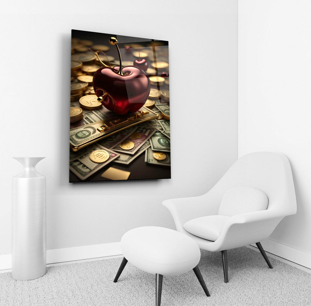 Ruby Cherry on Gold Coins Glass Wall Art in a living room interior