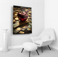 Ruby Cherry on Gold Coins Glass Wall Art in a living room interior