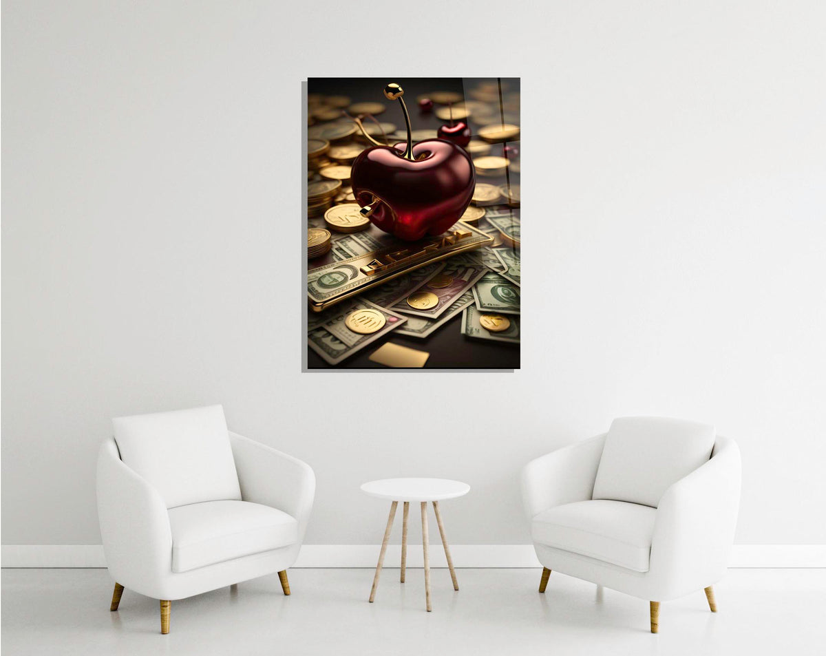 Ruby Cherry on Gold Coins Glass Wall Art in a modern interior