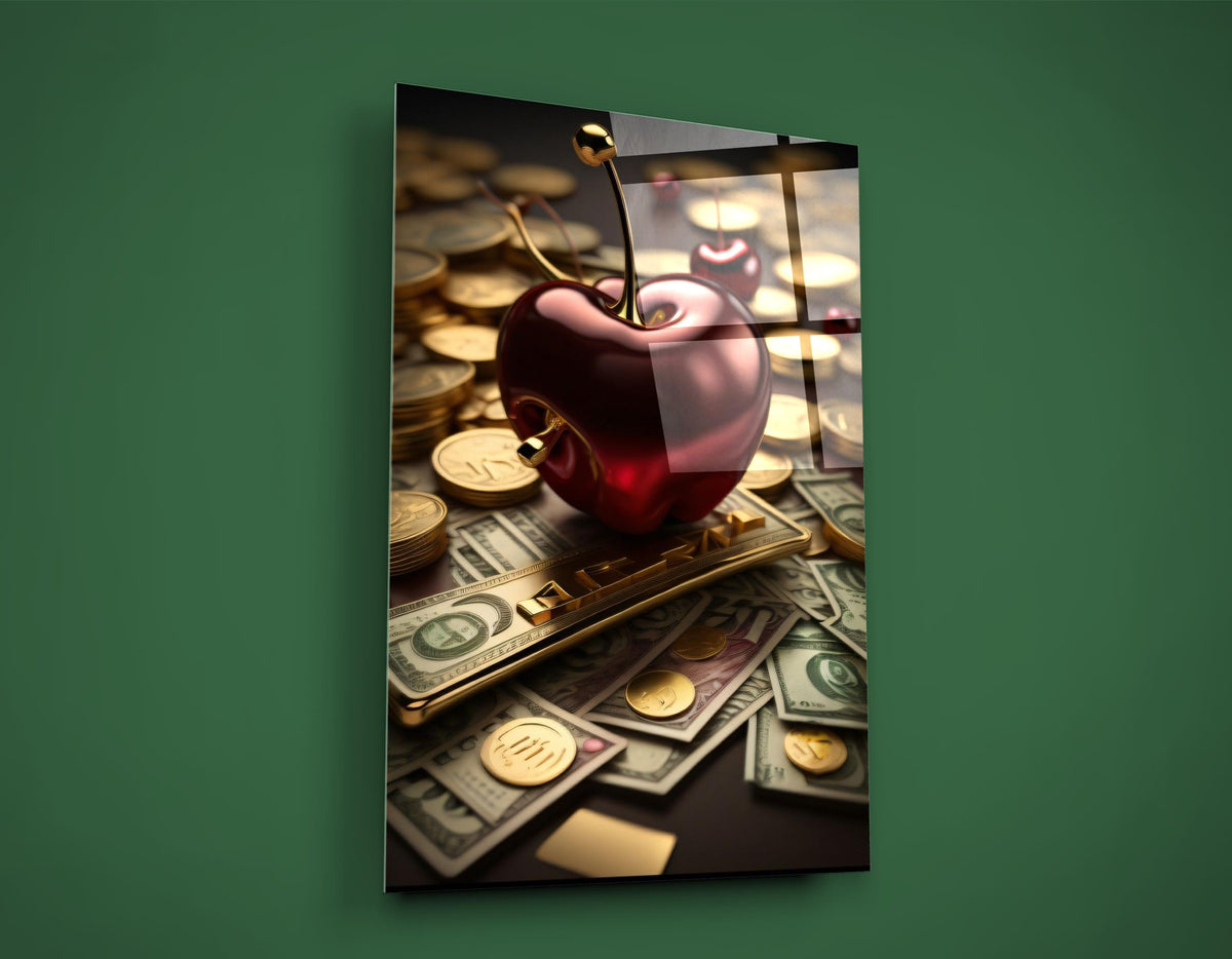 Ruby Cherry on Gold Coins Glass Wall Art on the wall