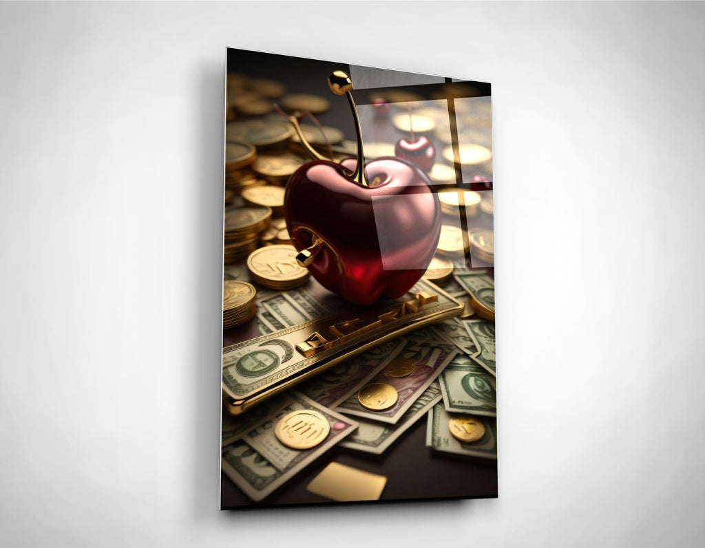 Ruby Cherry on Gold Coins Glass Wall Art close-up