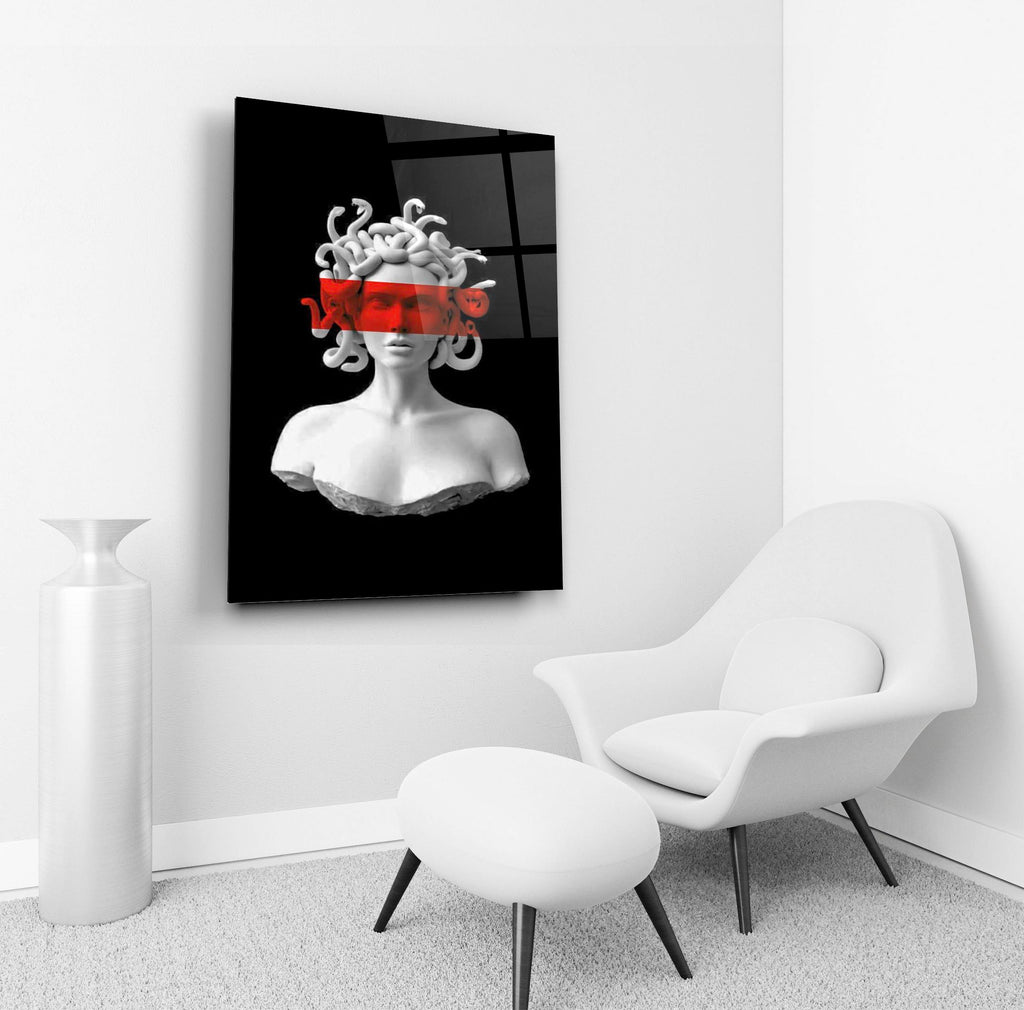Medusa Bust with Red Stripe Glass Wall Art in a living room interior