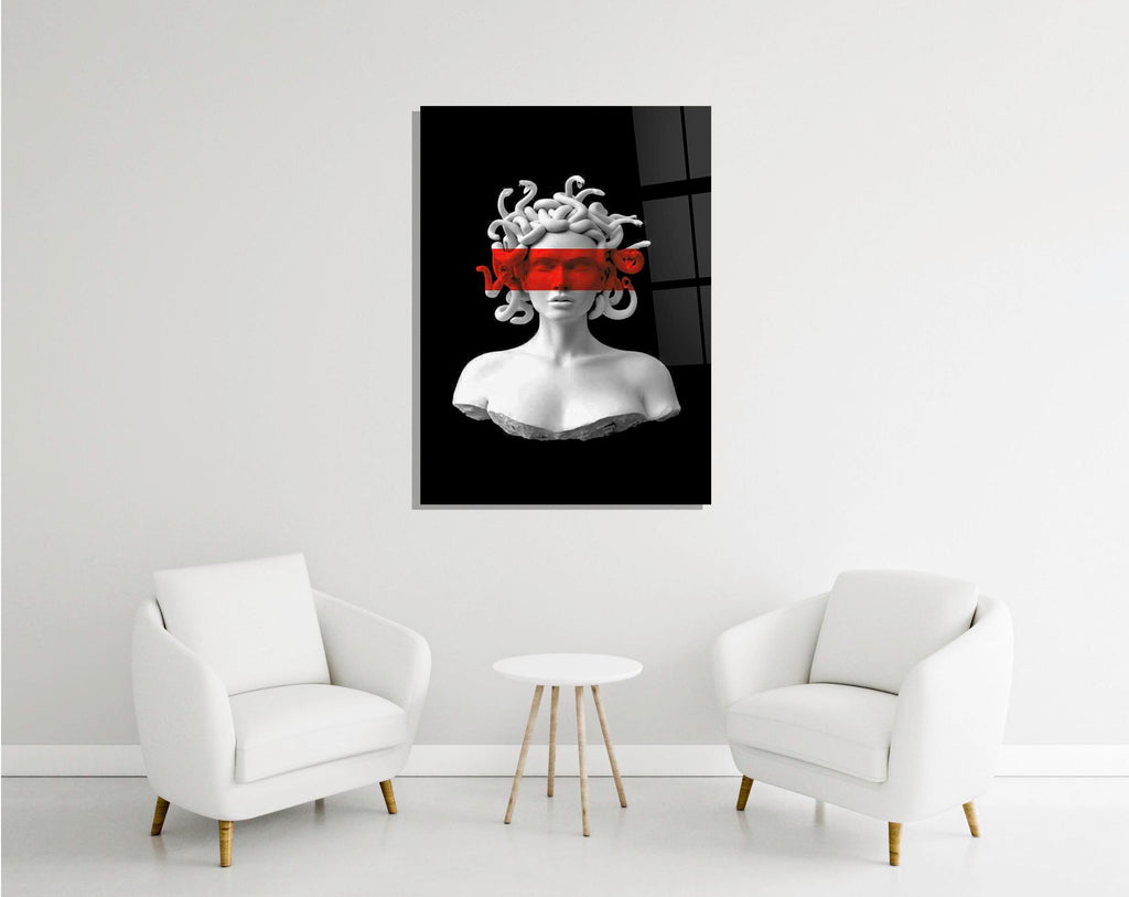 Medusa Bust with Red Stripe Glass Wall Art in a modern interior
