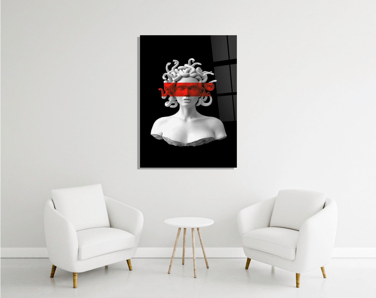 Medusa Bust with Red Stripe Glass Wall Art in a modern interior