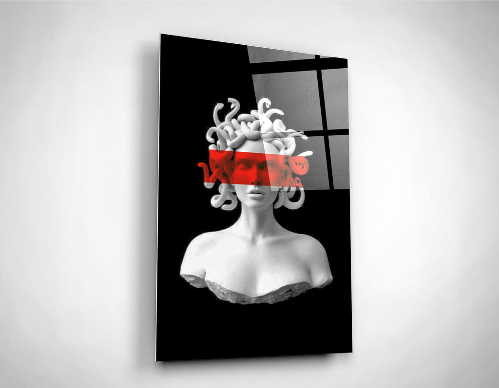Medusa Bust with Red Stripe Glass Wall Art on the wall