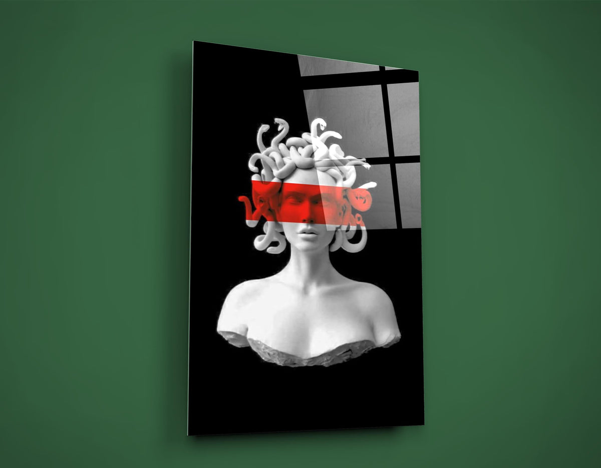 Medusa Bust with Red Stripe Glass Wall Art close-up