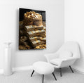 Stacks of Cash and Gold Coins Glass Wall Art in a living room interior