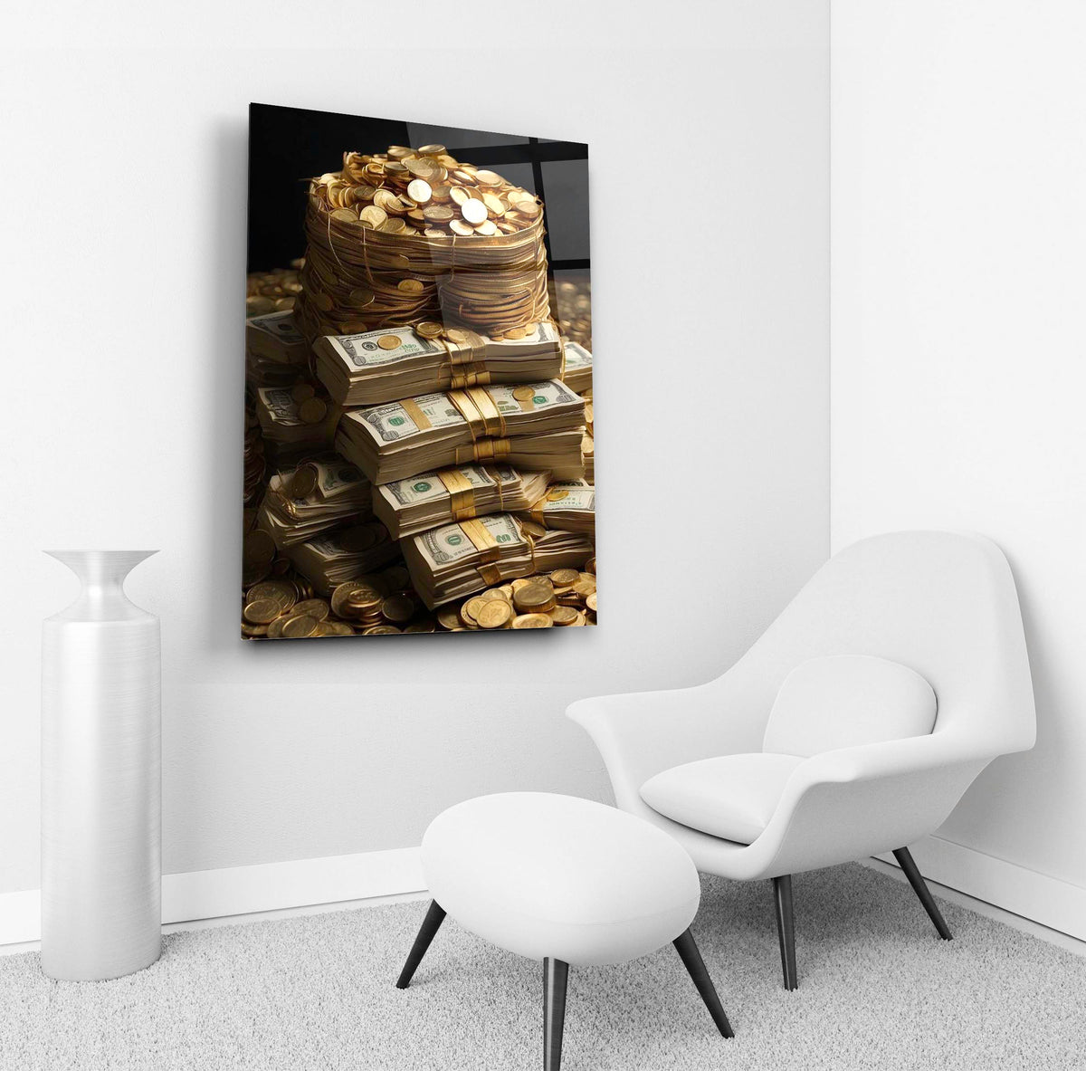 Stacks of Cash and Gold Coins Glass Wall Art in a living room interior