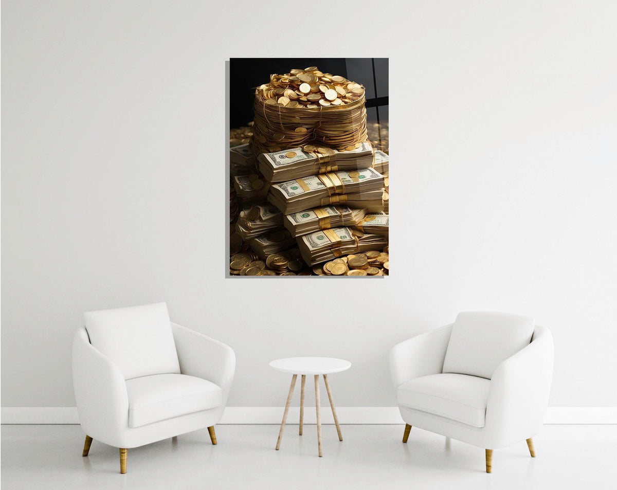 Stacks of Cash and Gold Coins Glass Wall Art in a modern interior