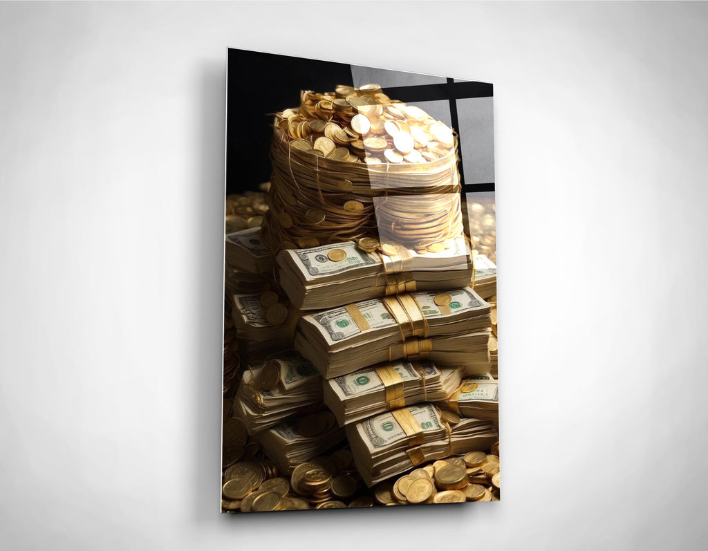 Stacks of Cash and Gold Coins Glass Wall Art on the wall