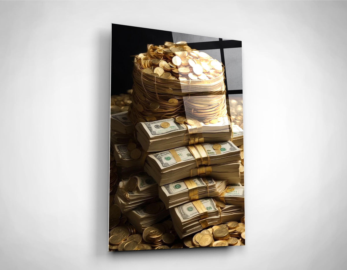 Stacks of Cash and Gold Coins Glass Wall Art on the wall