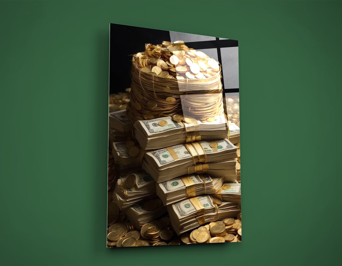 Stacks of Cash and Gold Coins Glass Wall Art close-up