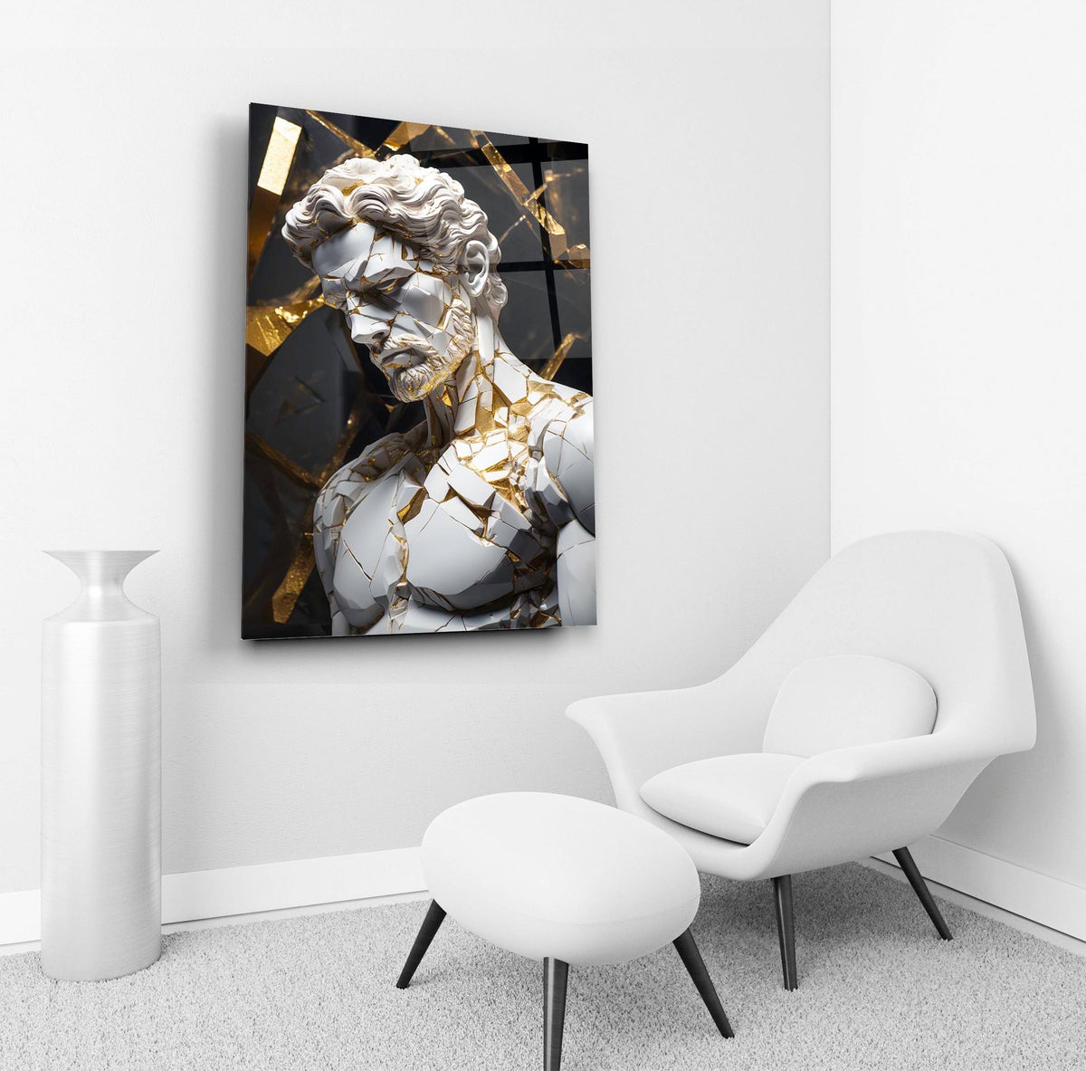 Shattered Marble and Gold Greek Statue Glass Wall Art in a living room interior