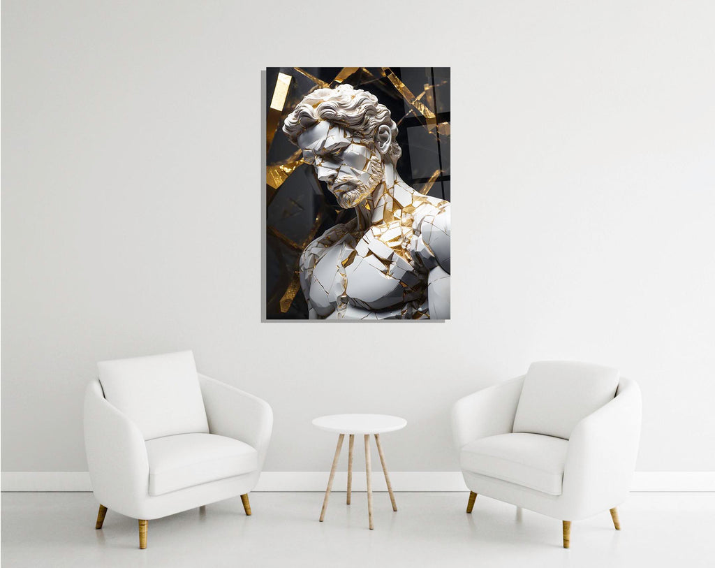 Shattered Marble and Gold Greek Statue Glass Wall Art in a modern interior