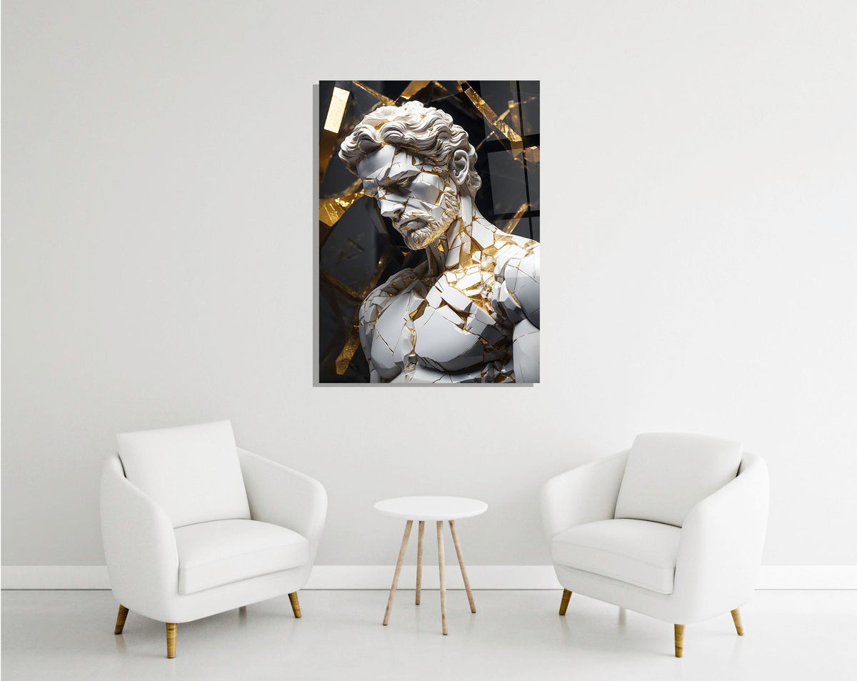 Shattered Marble and Gold Greek Statue Glass Wall Art in a modern interior