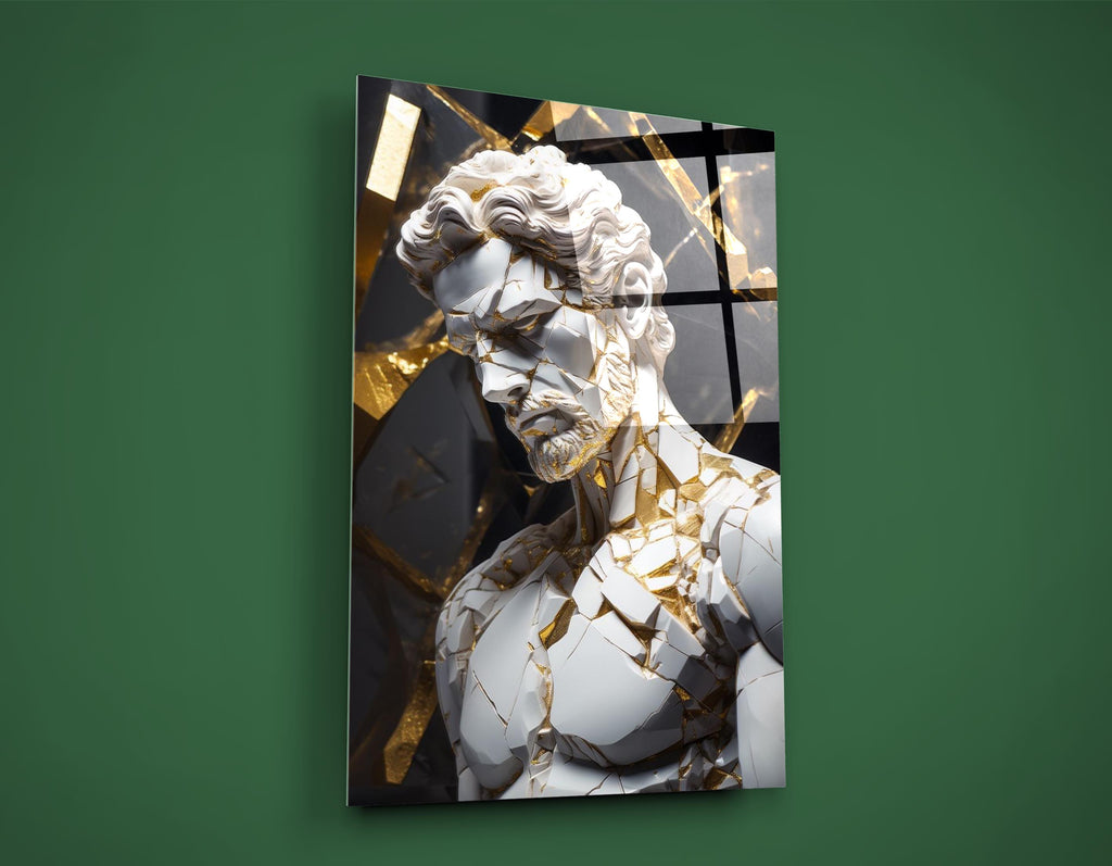 Shattered Marble and Gold Greek Statue Glass Wall Art on the wall