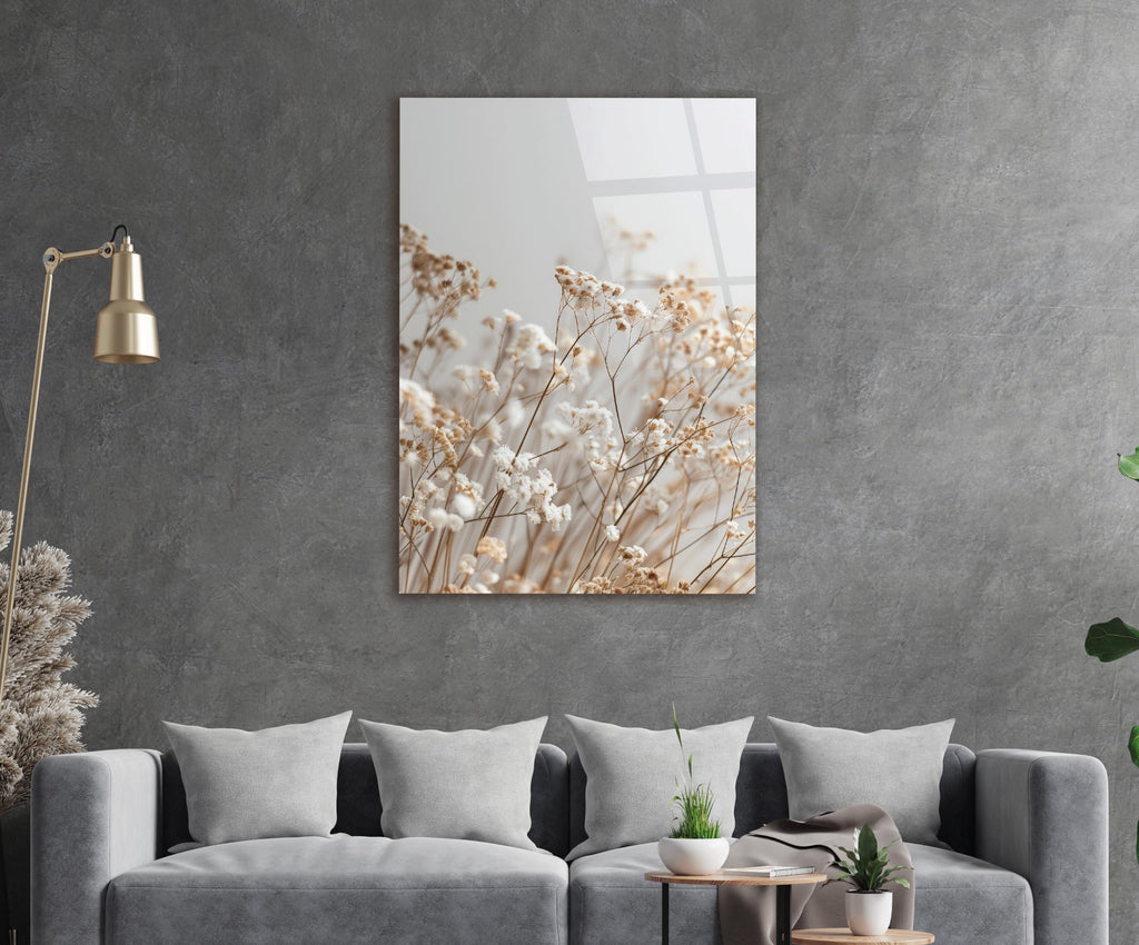 Dried Baby's Breath Flowers Glass Wall Art in a living room interior