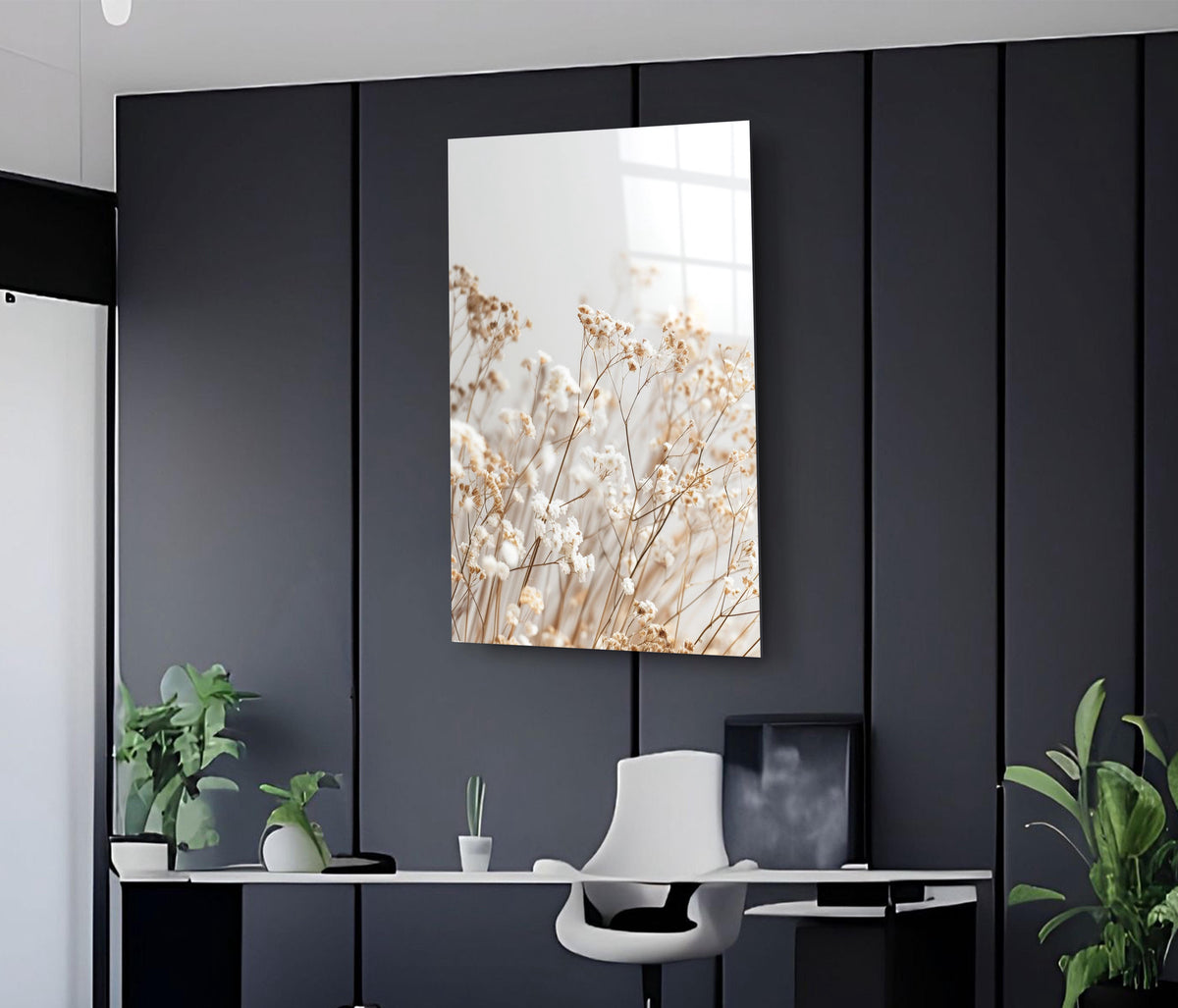 Dried Baby's Breath Flowers Glass Wall Art on the wall