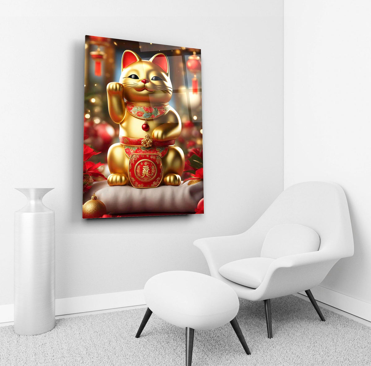 Golden Lucky Cat Maneki-Neko Glass Wall Art in a living room interior
